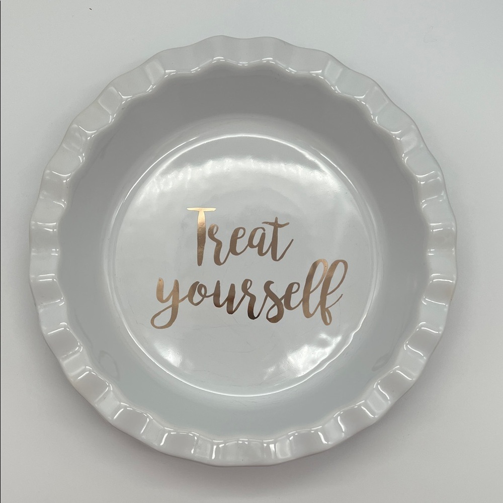 10" Scallop Edge Deep Dish Pie Plate Casserole Baking Stoneware "Treat Yourself” - Picture 1 of 8